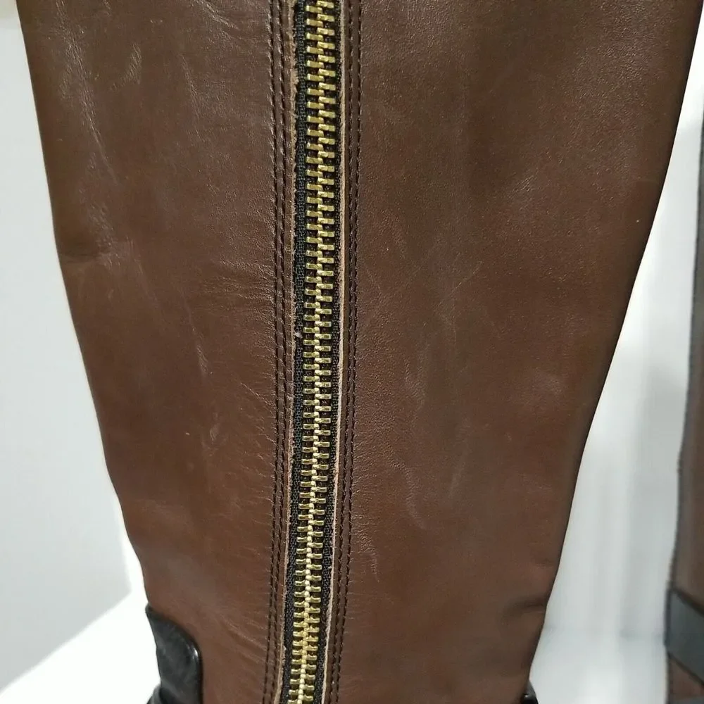MICHAEL KORS Tall Fulton Black Brown Leather Harness Knee High Boots Women 5.5 M